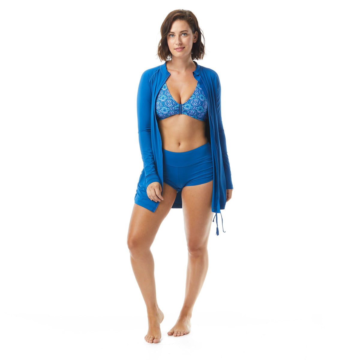Beach House Sport Interval Long Sleeve Side Tie Zip Front Cover Up - Beach Solids - 435 BLUE BLISS