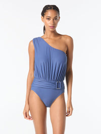 MICHAEL Michael Kors Logo U-Bar One Shoulder One Piece Swimsuit - Solids - 486 CHAMBRY