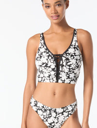 MICHAEL Michael Kors Lace Up Crop Top - Monotone Floral - 001 BLACK