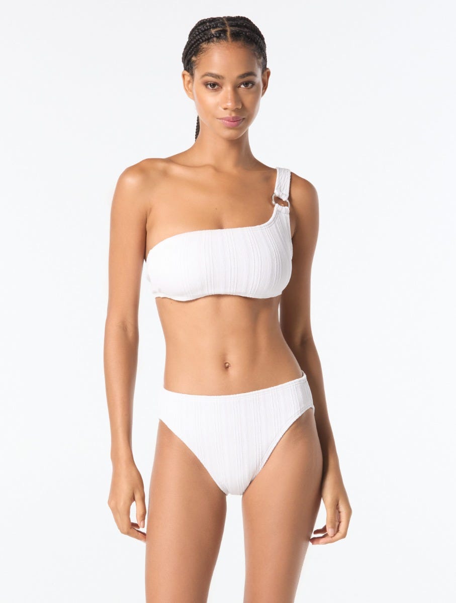 MICHAEL Michael Kors Logo Ring One Shoulder Textured Bikini Top MICHAEL Michael Kors Logo Ring One Shoulder Textured Bikini Top
