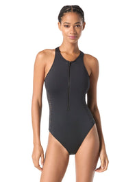 MICHAEL Michael Kors Zip Front One Piece Swimsuit - Laser Cut Scuba - 001 BLACK