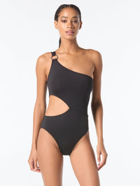 MICHAEL Michael Kors One Shoulder One Piece Swimsuit - Hardware Solids - 001 BLACK