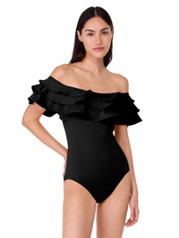 kate spade new york Off the Shoulder Ruffle One Piece Swimsuit - Solids - 001 BLACK