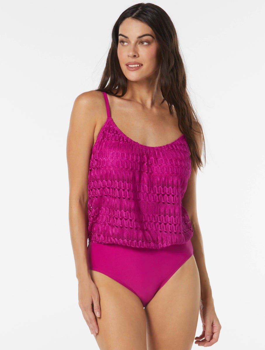 Coco Contours Amaris V-Neck Bra Sized One Piece Swimsuit - Crochet - 652 MAGENTA