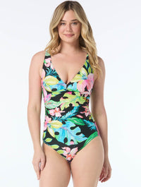 Shapemaker V-Neck Tummy Control One Piece Swimsuit - Tropic Haven - 004 Black Mlt