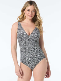 Shapemaker V-Neck Tummy Control One Piece Swimsuit - Cheetah - 005 BLACK/WHTE