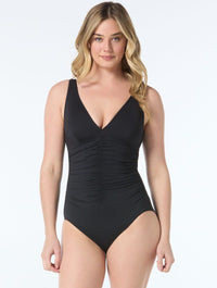 Shapemaker V-Neck Tummy Control One Piece Swimsuit - Solids - 001 BLACK