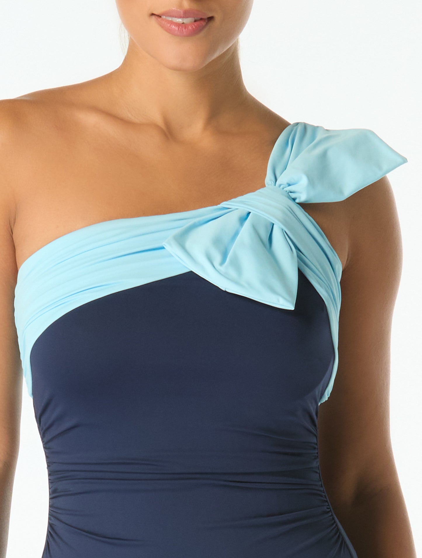 Carmen Marc Valvo One Shoulder Bow Underwire One Piece Swimsuit - Color Blocked