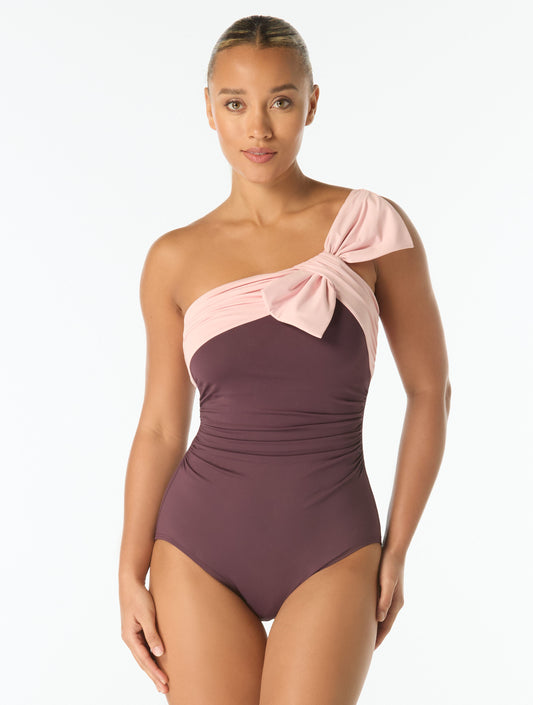 Carmen Marc Valvo One Shoulder Bow Underwire One Piece Swimsuit - Color Blocked