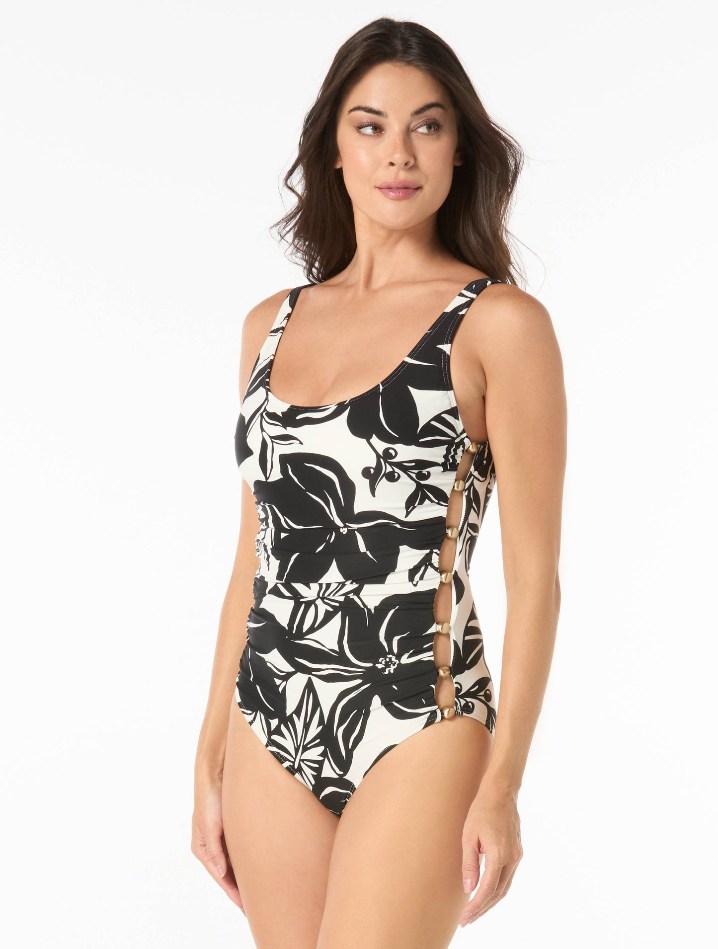 Carmen Marc Valvo Shirred Beaded Scoopneck One Piece Swimsuit - Silent Bloom