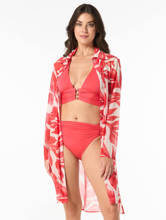 Carmen Marc Valvo Convertible Button Up Cover Up Shirt - Tamarindo