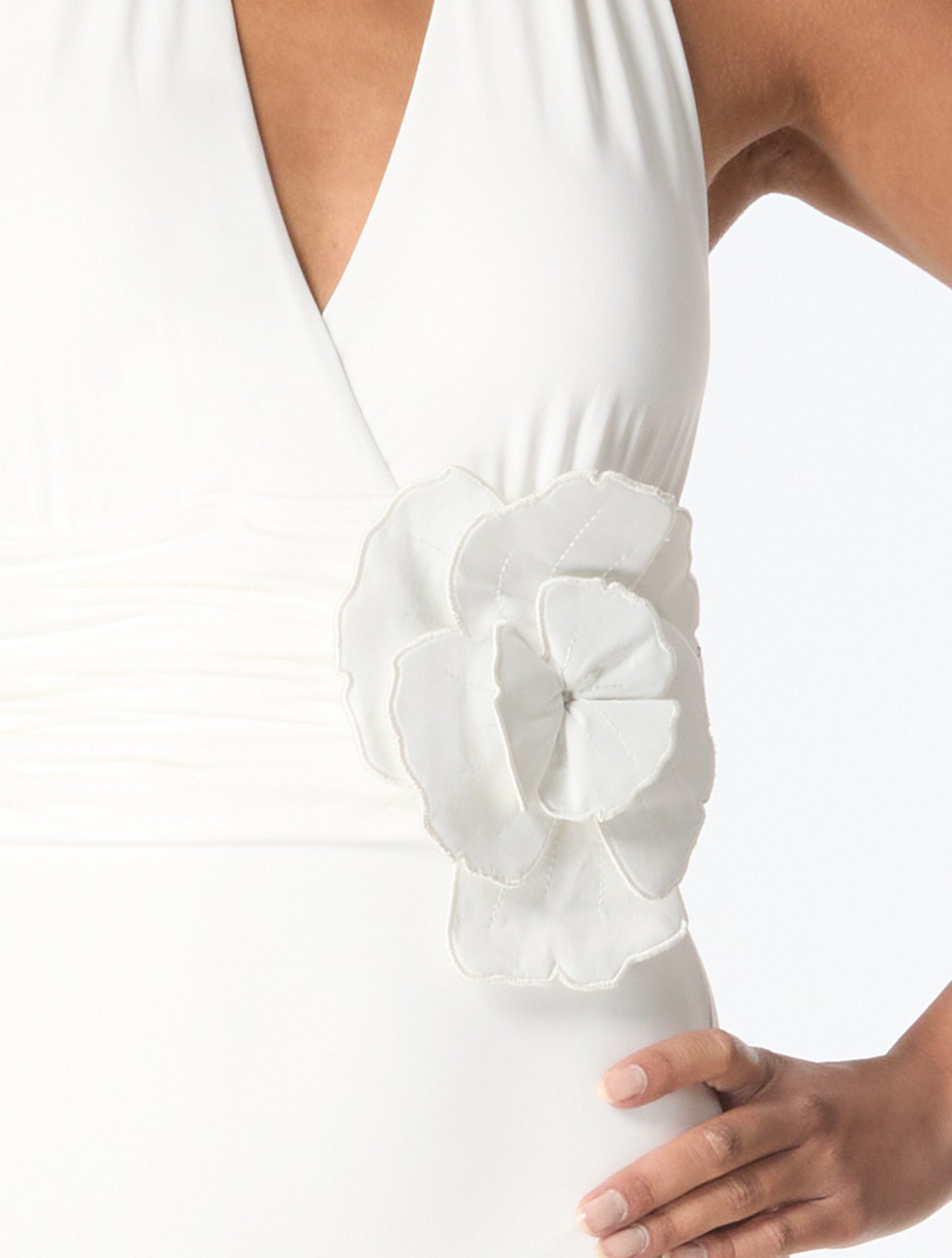 Carmen Marc Valvo Flower Applique Shirred Halter One Piece Swimsuit - Solids