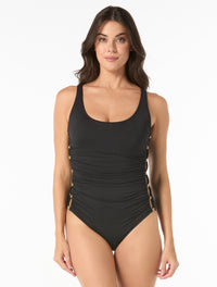 Carmen Marc Valvo Beaded Shirred Scoop Neck One Piece Swimsuit - Amorphic Allure