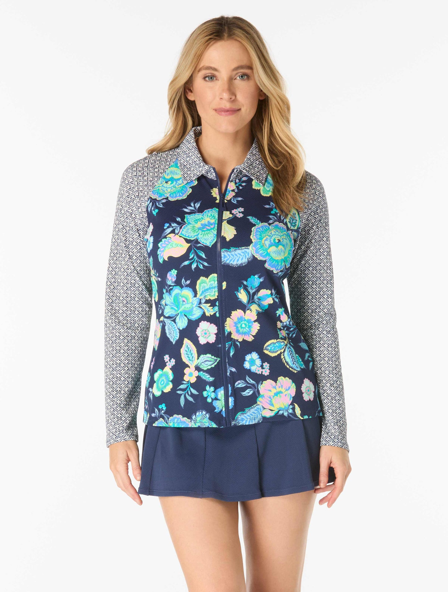 Beach House Pique Solids Tankini & Skirt Set with Diamond Meadows Rash Guard Bundle