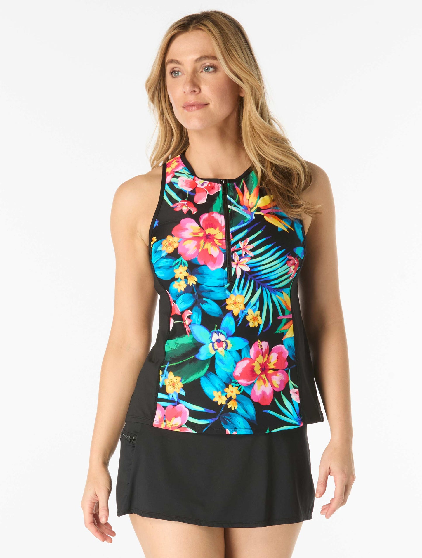 Beach House Sport Racer Zip Front Textured Tankini Top - Surfside Flora
