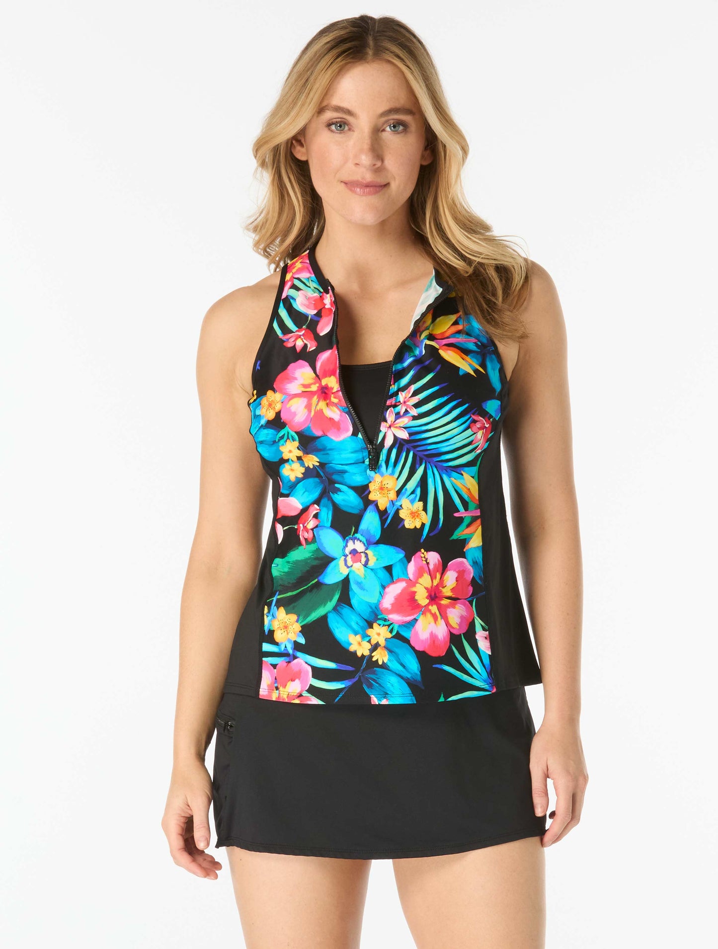 Beach House Sport Racer Zip Front Textured Tankini Top - Surfside Flora