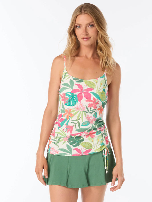 Beach House Bridget Textured Shirred Side Underwire Tankini Top - Tropical Paradise - 100 White