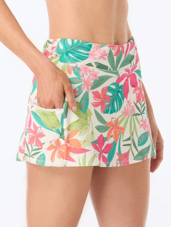 Beach House Emma Pull On Swim Skort - Tropical Paradise - 100 White