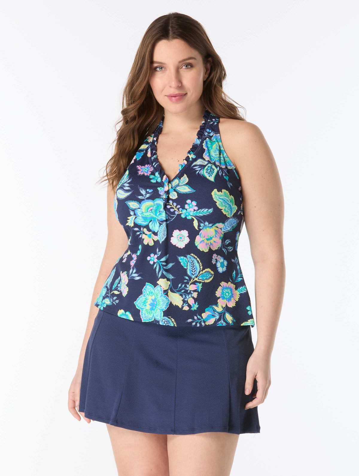Beach House Plus Size Nina Ruffled Trim Tankini Top - Diamond Meadows - 511 Admiral