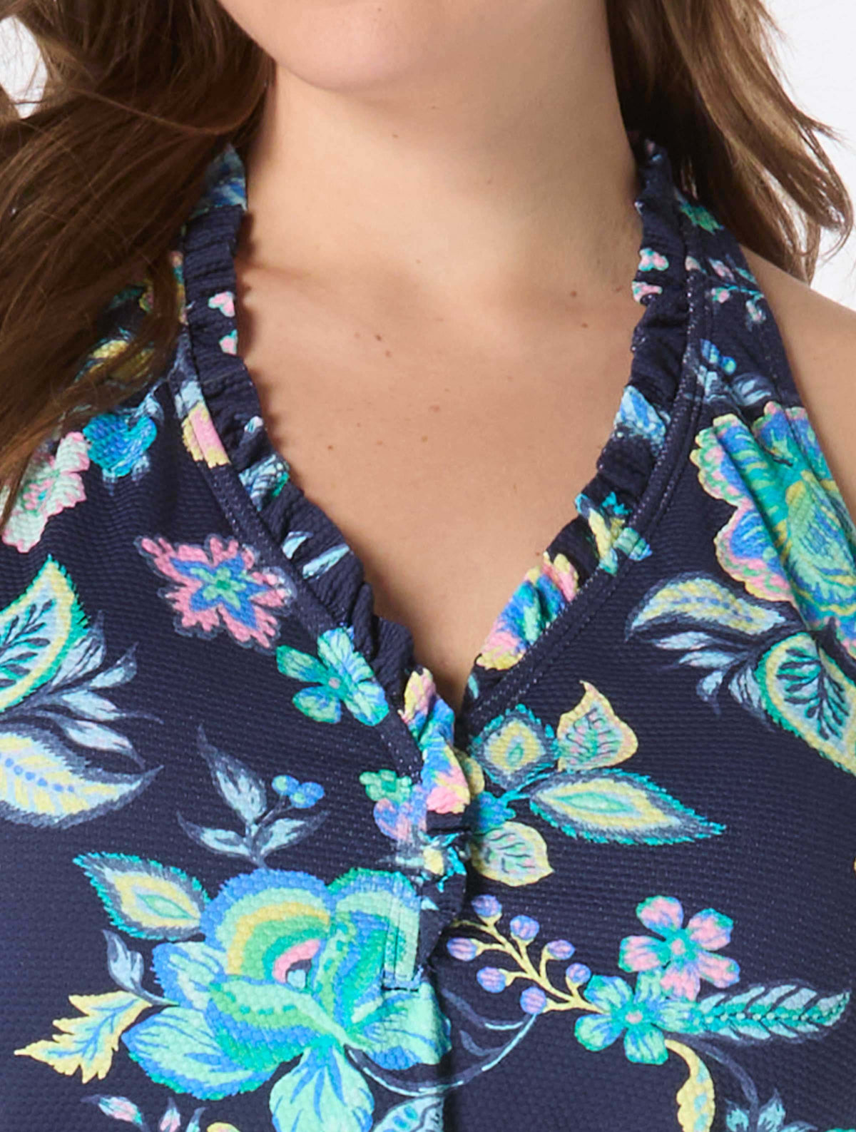 Beach House Plus Size Nina Ruffled Trim Tankini Top - Diamond Meadows - 511 Admiral