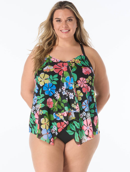 Beach House Plus Kerry Mesh Layer Underwire Tankini Top - Midnight Garden