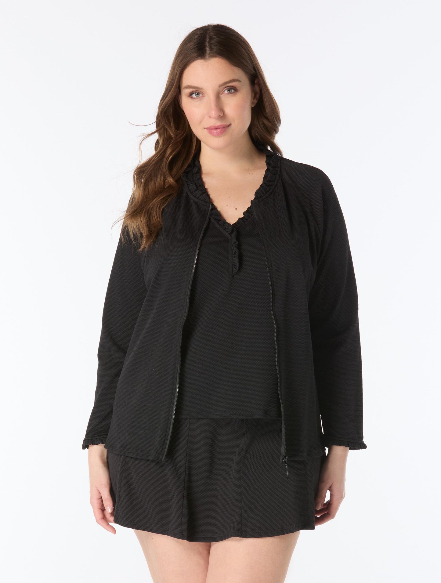 Beach House Swim Plus Size Phoebe Relaxed Fit Ruffled Rash Guard - Pique Solids