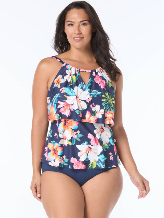 Beach House Plus Size Jaclyn High Neck Ruffle Tankini Top - Vibrant Vacay