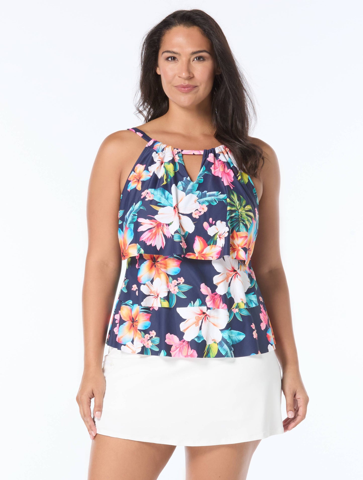 Beach House Plus Size Jaclyn High Neck Ruffle Tankini Top - Vibrant Vacay