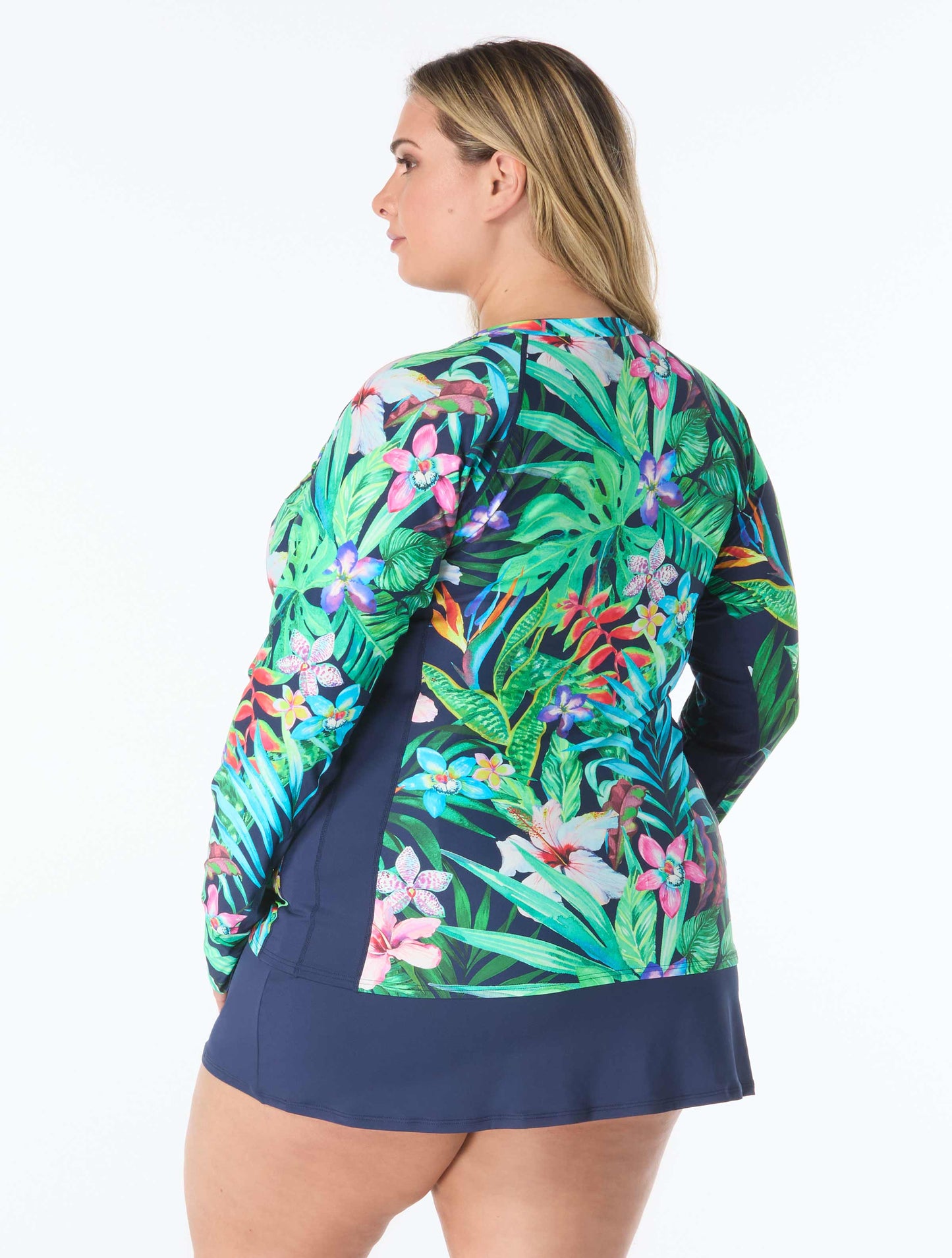 Beach House Plus Size Tropical Paradise Tankini Top, Solid Short Bottom & Rash Guard Bundle