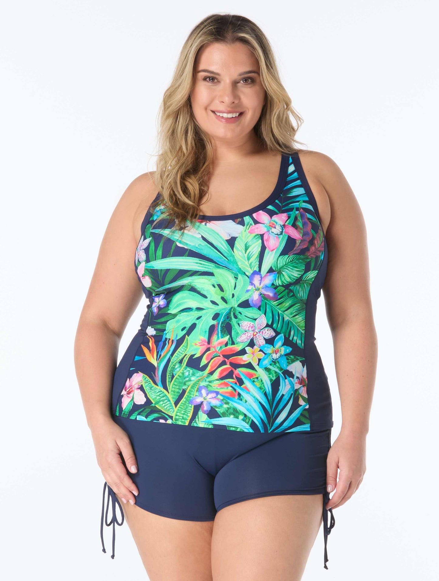 Beach House Plus Size Tropical Paradise Tankini Top, Solid Short Bottom & Rash Guard Bundle