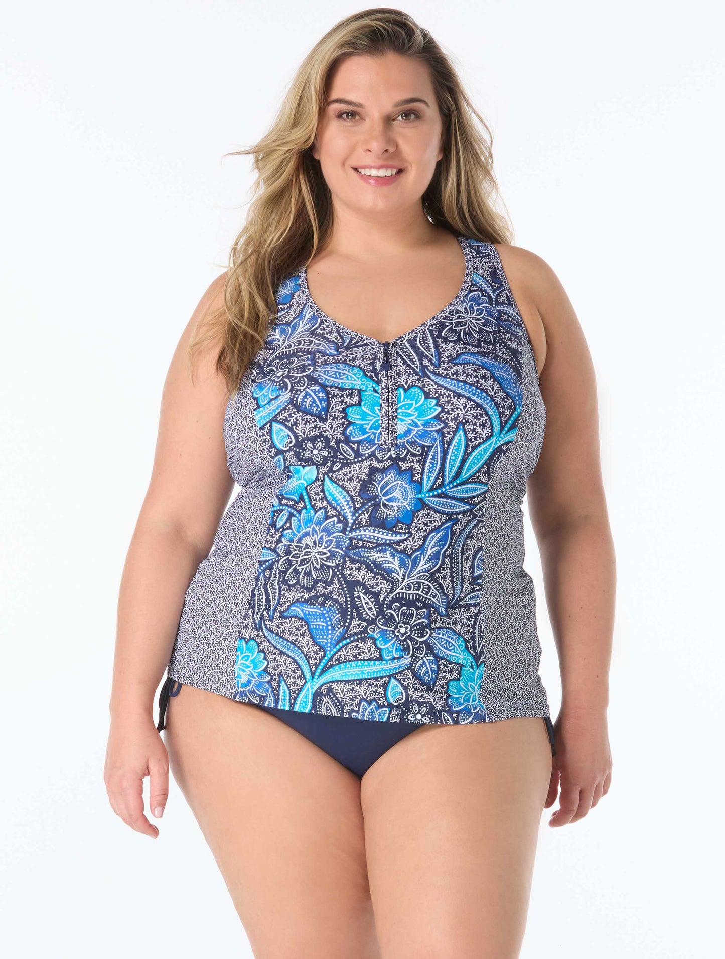 Beach House Plus Samoan Floral Racerback Tankini, Solid Bikini Bottom & Samoan Floral Skort Bundle