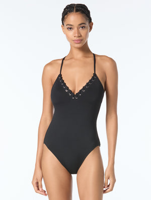 MICHAEL Michael Kors Cross Back One Piece Swimsuit - Laced Grommets