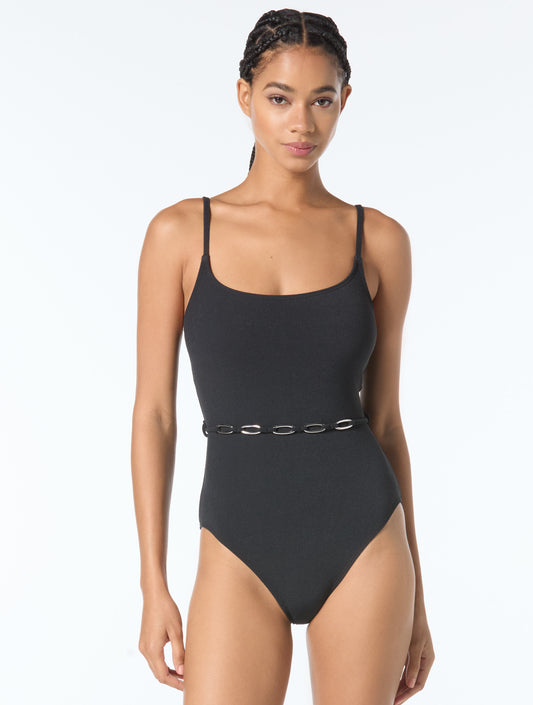 Michael Kors Belted Scoopneck One Piece Swimsuit - Crepe Solids