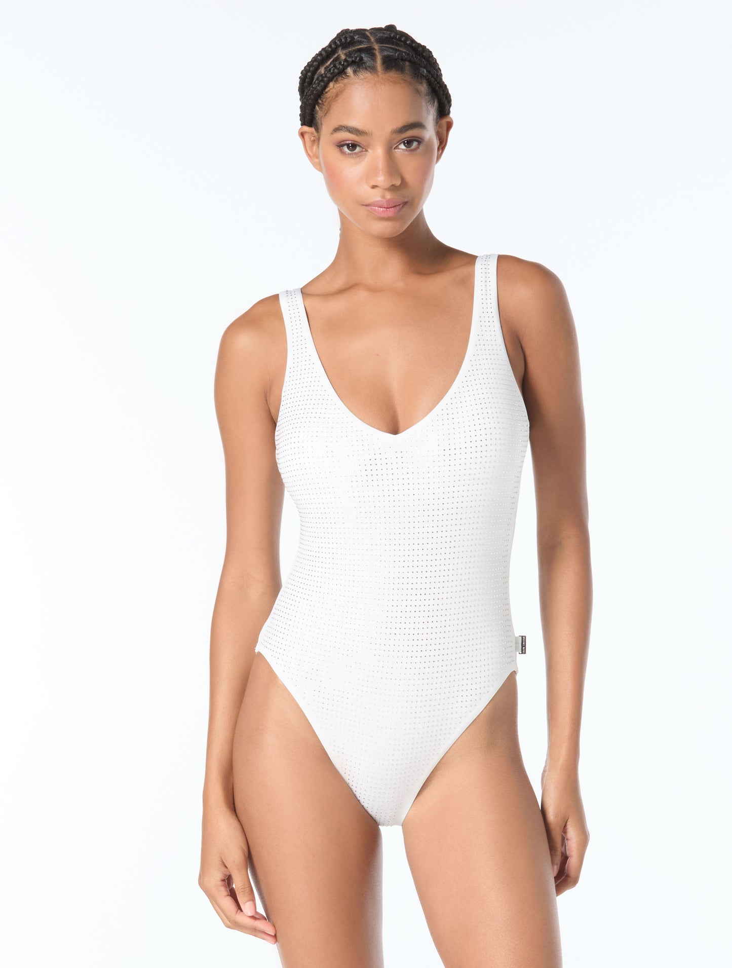 Michael Kors V-Neck One Piece Swimsuit - Rhinestone Studded Solids
