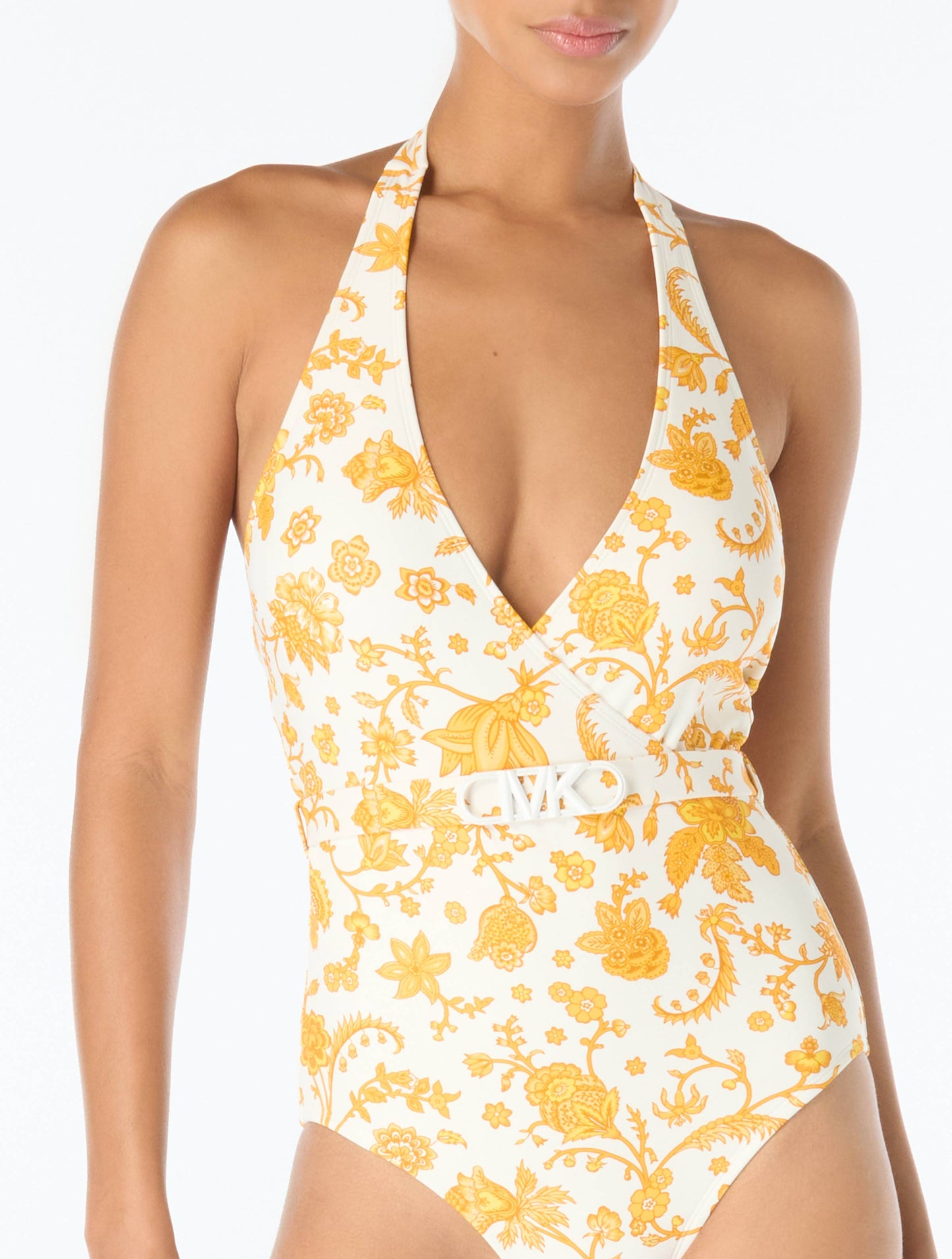 Michael Kors Surplice Halter Belted One Piece Swimsuit - Riviera Blooms