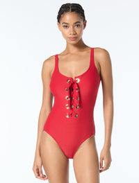 MICHAEL Michael Kors Lace Up One Piece Swimsuit - Sea Solids
