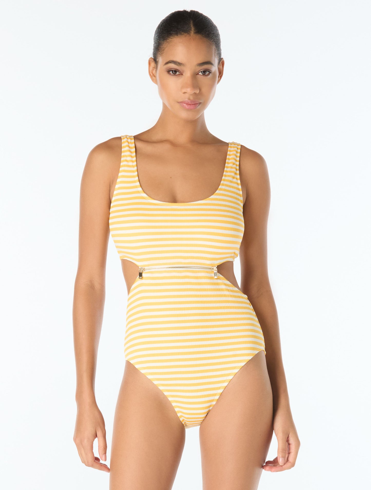 Michael Kors Cutout Zip Front Textured One Piece Swimsuit - St Tropez Stripe