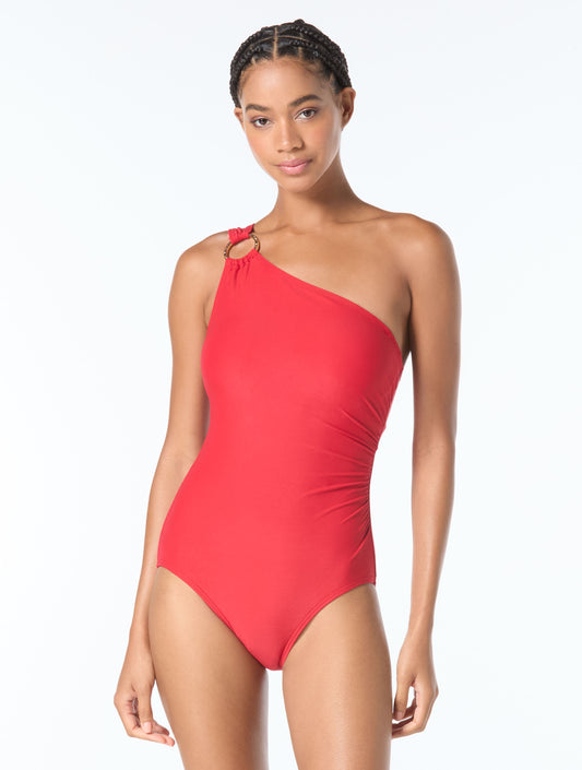 MICHAEL Michael Kors One Shoulder Underwire One Piece Swimsuit - Hardware Solids