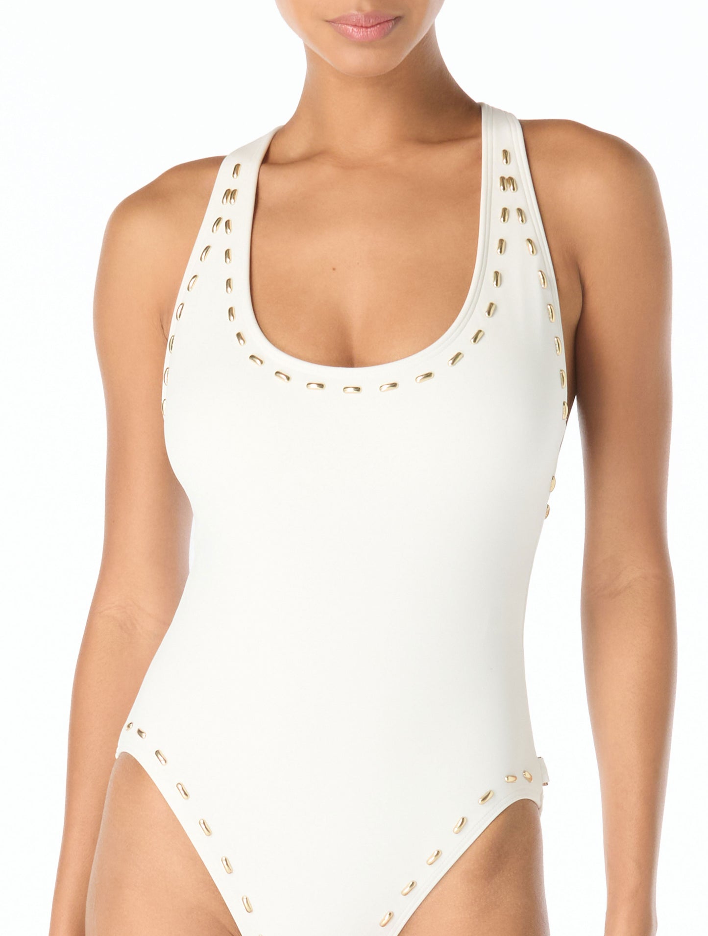 Michael Kors Racerback One Piece Swimsuit - Half Moon Studs