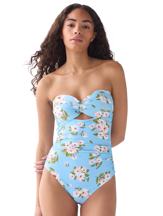 kate spade new york Twist Front Shirred One Piece Swimsuit - Spring Daisies