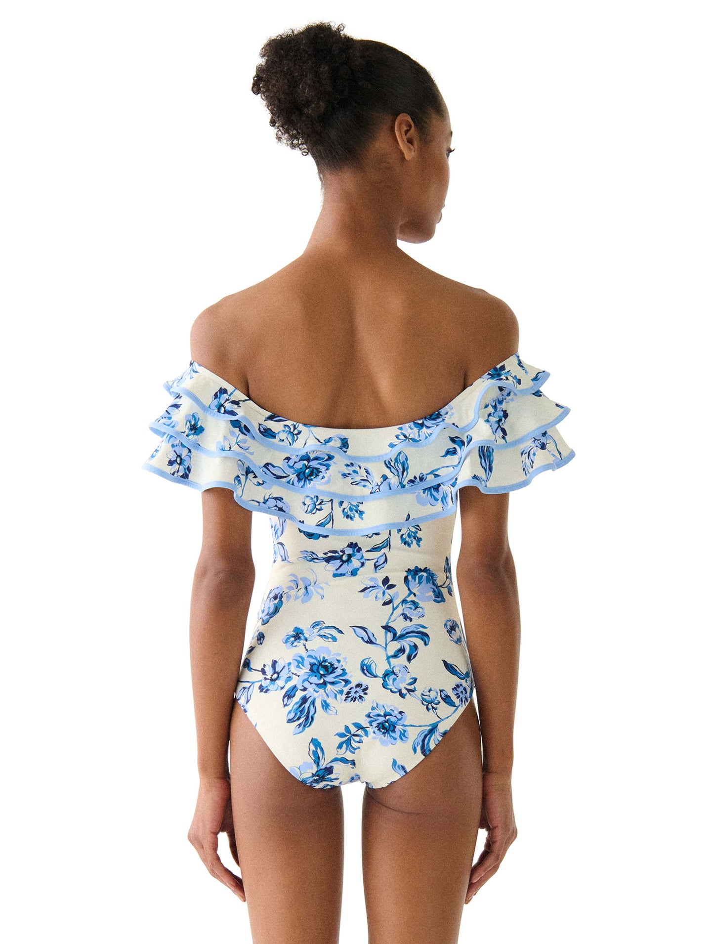 kate spade new york Off the Shoulder Ruffle One Piece Swimsuit - Floral Toile