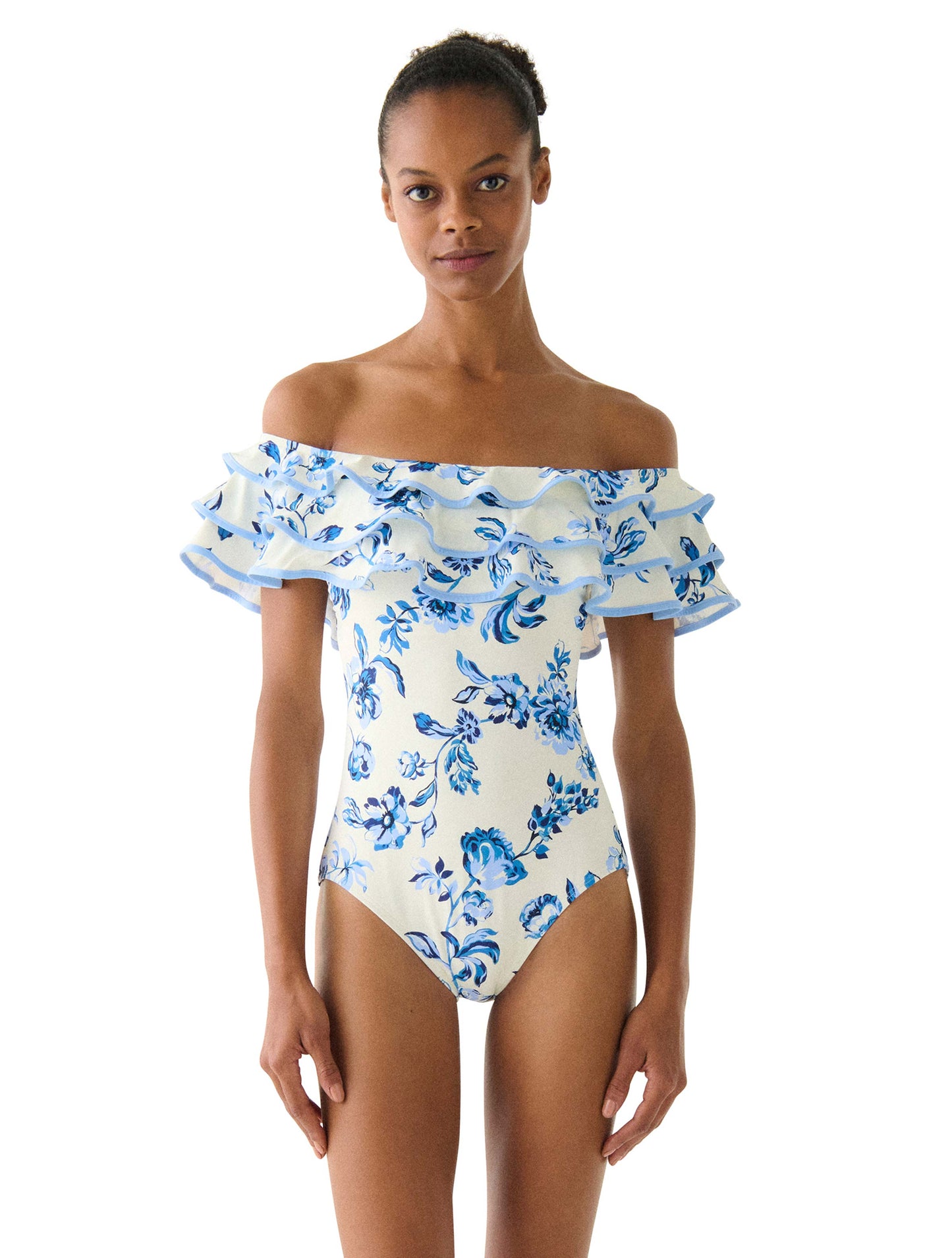 kate spade new york Off the Shoulder Ruffle One Piece Swimsuit - Floral Toile