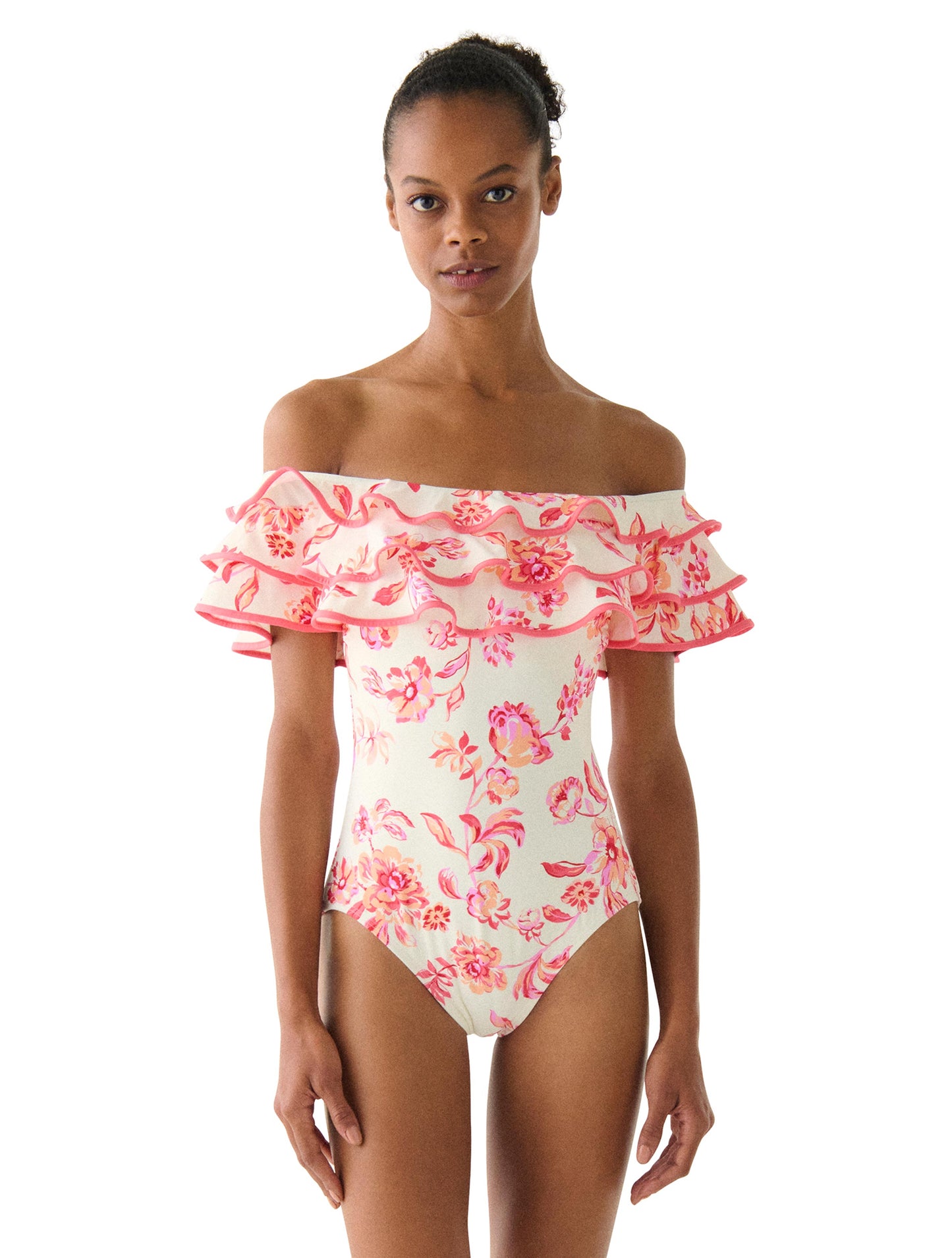 kate spade new york Off the Shoulder Ruffle One Piece Swimsuit - Floral Toile