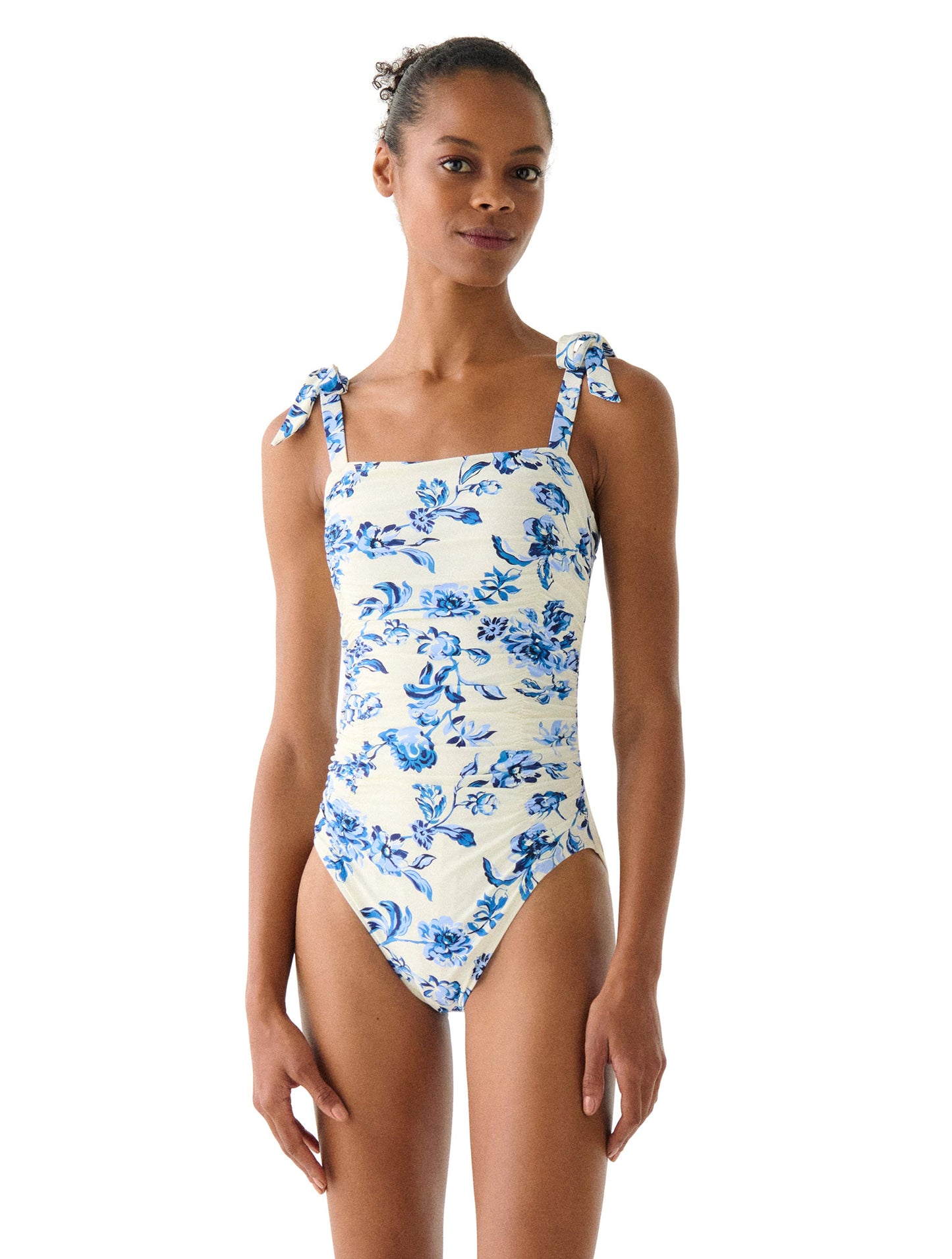 Kate Spade Shoulder Tie Shirred One Piece Swimsuit - Floral Toile