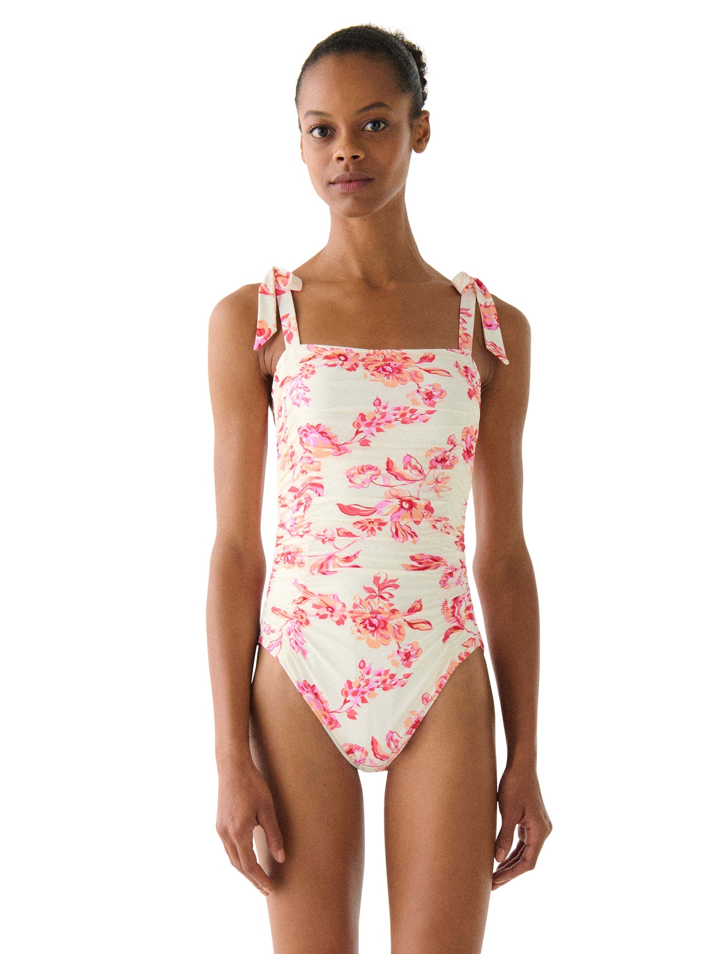 Kate Spade Shoulder Tie Shirred One Piece Swimsuit - Floral Toile
