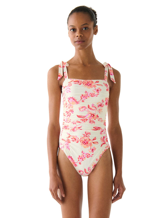 Kate Spade Shoulder Tie Shirred One Piece Swimsuit - Floral Toile