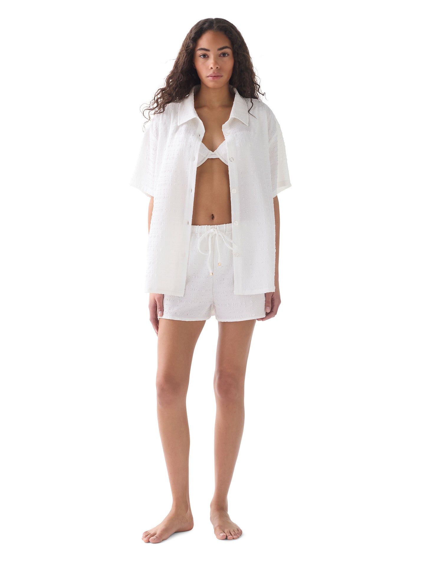 kate spade new york Oversized Short Sleeve Textured Button Up Shirt Cover Up - Seersucker Puff