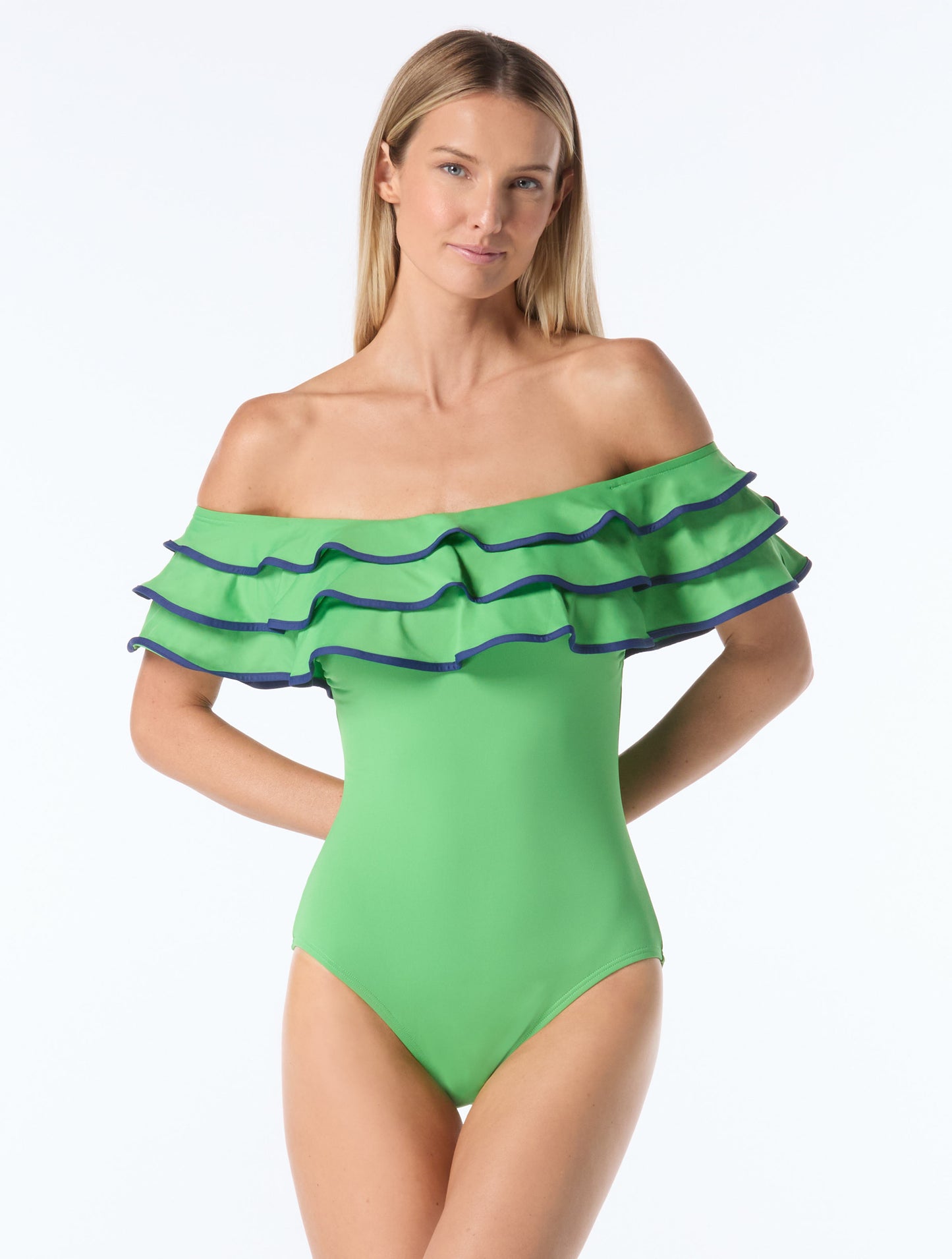 kate spade new york Off the Shoulder Ruffle One Piece Swimsuit - Solids