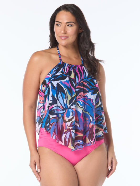 Coco Reef Aura Mesh Ruffle Bra Sized Underwire Tankini Top - Paradise Abstract