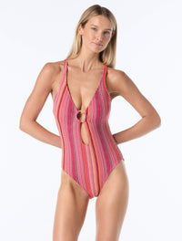 Vince Camuto Plunge Ring One Piece Swimsuit - Stripe Crochet